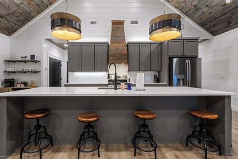 Modern kitchen with quartz island, stainless appliances, and stylish pendant lighting.