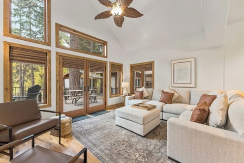 Our spacious living room recently received new furniture and features a large smart TV.