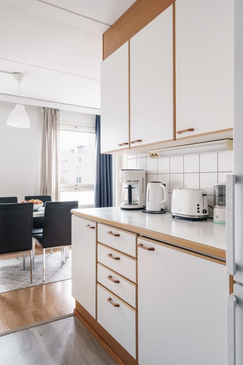 The fully equipped kitchen includes everything you need for cooking: oven, stove, microwave, coffee maker, electric kettle and refrigerator.