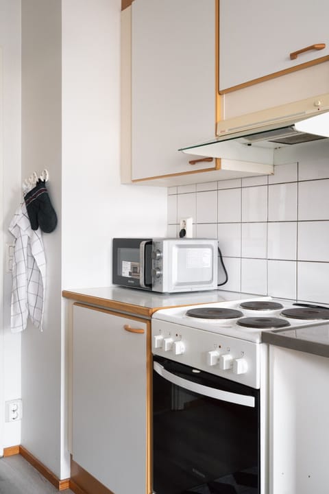 The fully equipped kitchen includes everything you need for cooking: oven, stove, microwave, coffee maker, electric kettle and refrigerator