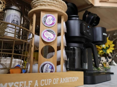 Coffee bar with Keurig + traditional brewer, grounds, and tea