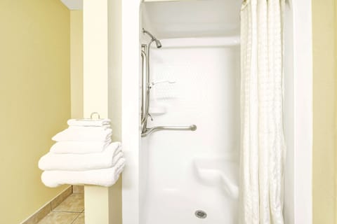 Combined shower/tub, free toiletries, hair dryer, towels