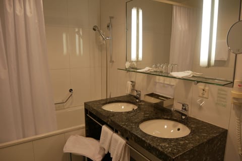 Hair dryer, slippers, towels, soap