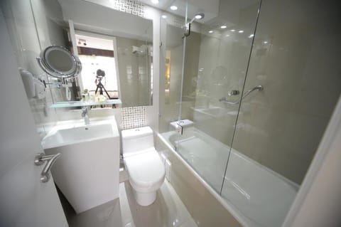 Combined shower/tub, free toiletries, hair dryer, towels