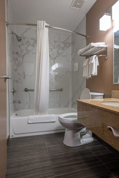Combined shower/tub, free toiletries, hair dryer, towels