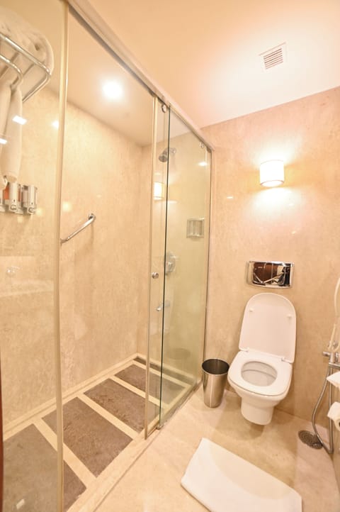 Combined shower/tub, free toiletries, hair dryer, bathrobes