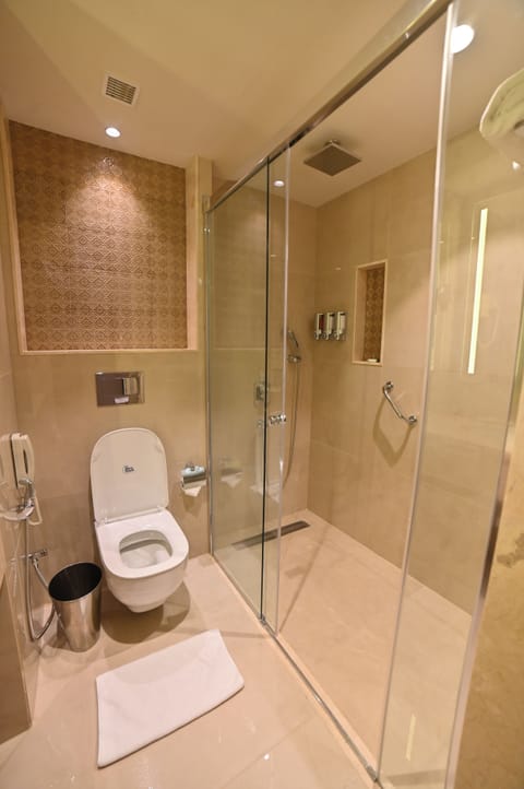 Combined shower/tub, free toiletries, hair dryer, bathrobes