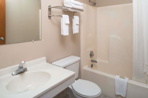 Combined shower/tub, deep soaking tub, free toiletries, hair dryer