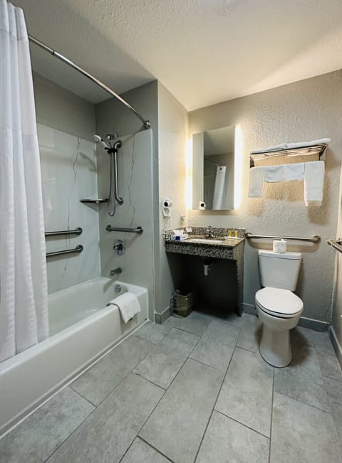 Combined shower/tub, free toiletries, hair dryer, towels