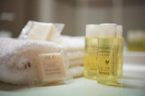 Shower, free toiletries, hair dryer, towels