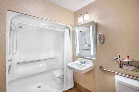 Combined shower/tub, free toiletries, hair dryer, towels