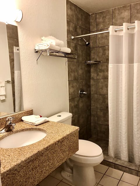 Combined shower/tub, free toiletries, hair dryer, towels