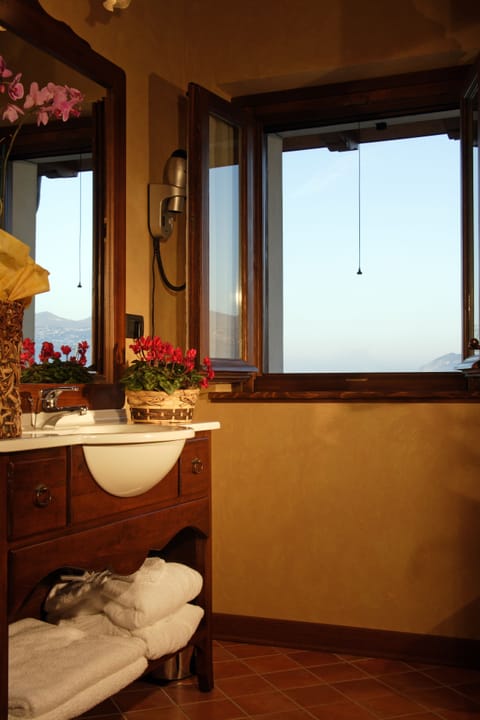 Shower, rainfall showerhead, free toiletries, hair dryer