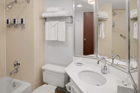 Combined shower/tub, free toiletries, hair dryer, towels