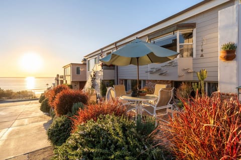 A vibrant oceanview patio with shaded seating, offering the perfect place to take in the coastal breeze and sunset views.