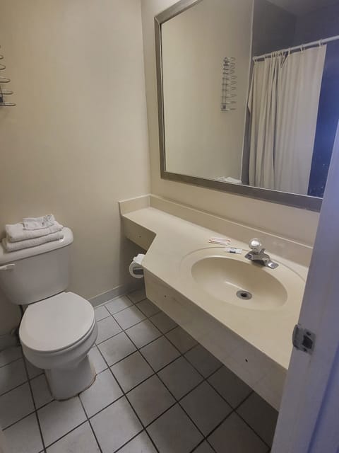Combined shower/tub, free toiletries, hair dryer