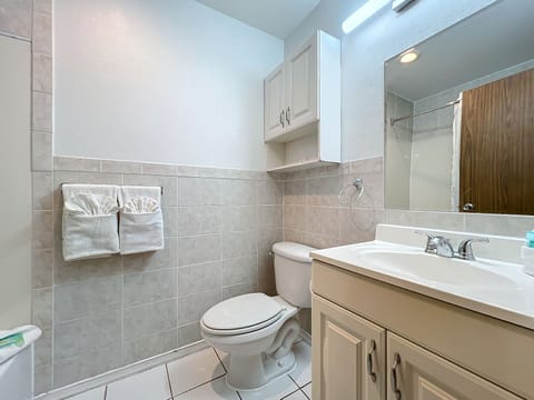 Combined shower/tub, free toiletries, hair dryer