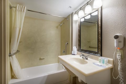 Combined shower/tub, free toiletries, hair dryer, towels