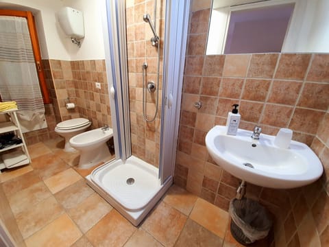 Double Room | Bathroom | Shower, hair dryer, bidet, towels