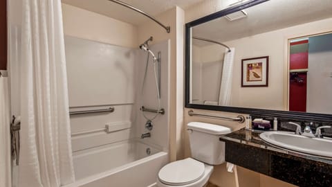 Combined shower/tub, free toiletries, hair dryer, towels