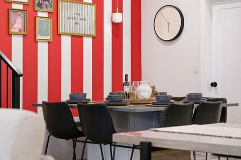 Dining Room: Bright stripes and playful decor set the stage for unforgettable meals and laughter!