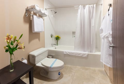 Combined shower/tub, free toiletries, hair dryer, slippers