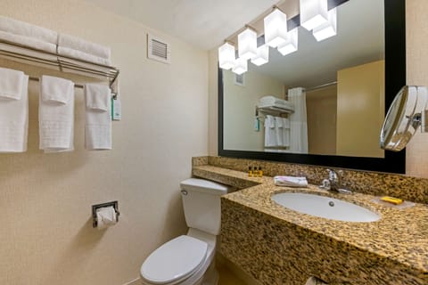 Combined shower/tub, eco-friendly toiletries, hair dryer, towels