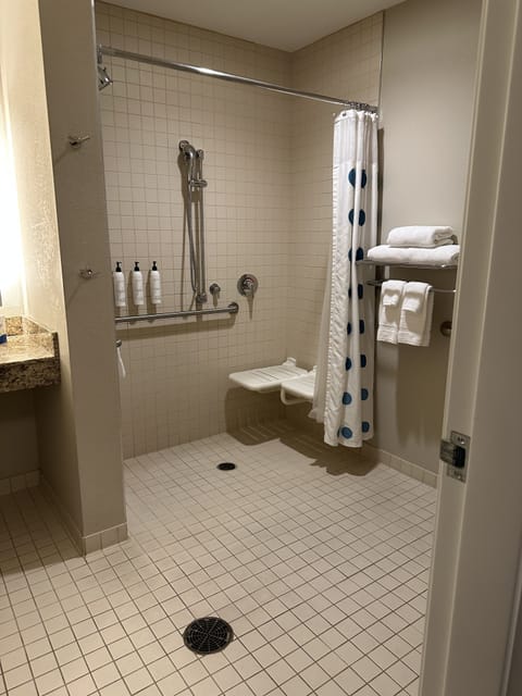 Studio, 1 King Bed with Sofa bed (Mobility/Hearing Access, Roll-In Shwr) | Bathroom | Combined shower/tub, hair dryer, towels