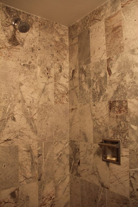 Shower, rainfall showerhead, free toiletries, hair dryer