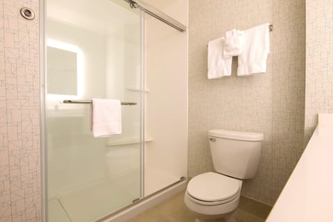 Combined shower/tub, free toiletries, hair dryer, towels