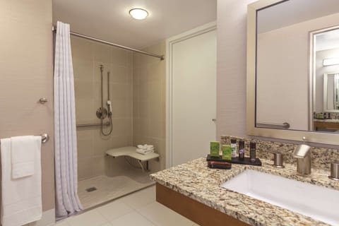 Separate tub and shower, eco-friendly toiletries, hair dryer, towels