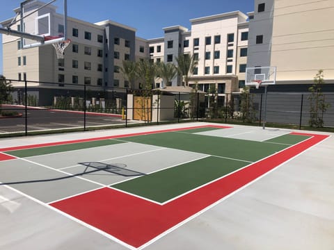 Colorful outdoor basketball court surrounded by greenery.