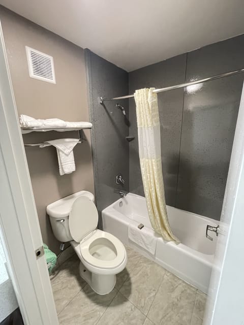 Combined shower/tub, hair dryer, towels