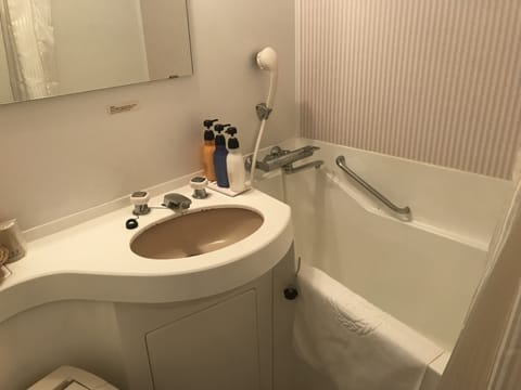 Combined shower/tub, deep soaking tub, hair dryer, slippers