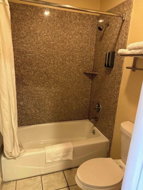 Combined shower/tub, free toiletries, towels