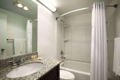 Combined shower/tub, free toiletries, hair dryer, towels