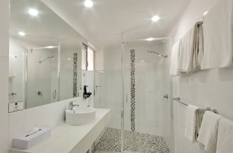 Shower, eco-friendly toiletries, hair dryer, towels