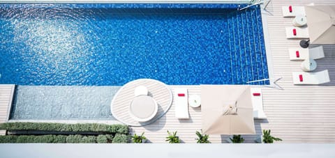 Outdoor pool, pool umbrellas, sun loungers