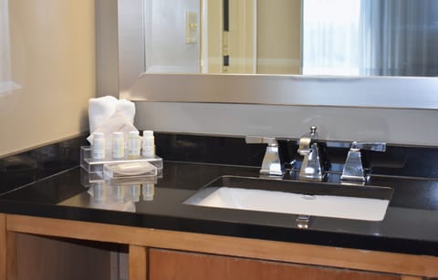 Combined shower/tub, free toiletries, hair dryer, towels