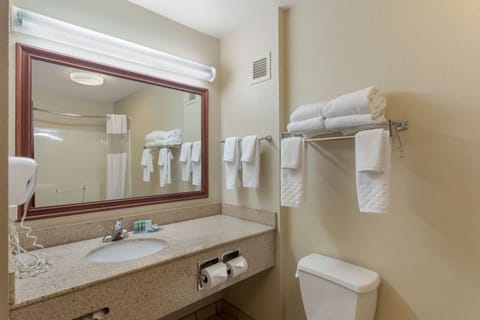 Combined shower/tub, free toiletries, hair dryer, towels