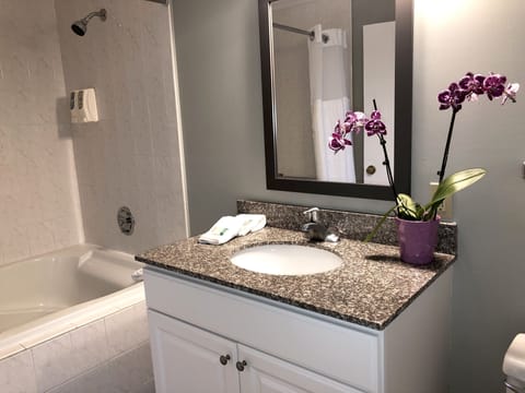 Room, 1 Queen Bed, Jetted Tub | Bathroom | Combined shower/tub, hair dryer, towels, soap