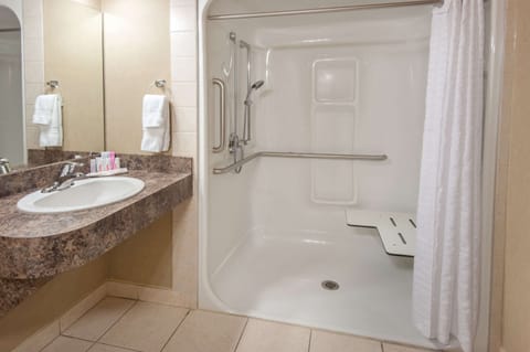 Combined shower/tub, eco-friendly toiletries, hair dryer, towels