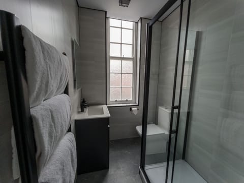 Shower, hydromassage showerhead, free toiletries, hair dryer