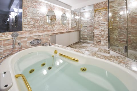 Separate tub and shower, jetted tub, free toiletries, hair dryer