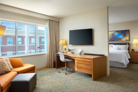 Junior Suite, 1 King Bed | Living area | 49-inch flat-screen TV with cable channels, TV, pay movies