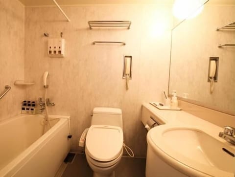 Combined shower/tub, free toiletries, hair dryer, slippers