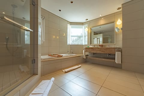 Separate tub and shower, deep soaking tub, free toiletries, hair dryer