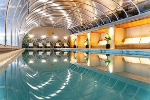 Indoor pool, open 10:00 AM to 8:00 PM, sun loungers