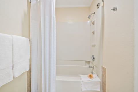 Combined shower/tub, deep soaking tub, free toiletries, hair dryer