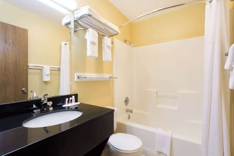 Combined shower/tub, free toiletries, hair dryer, towels